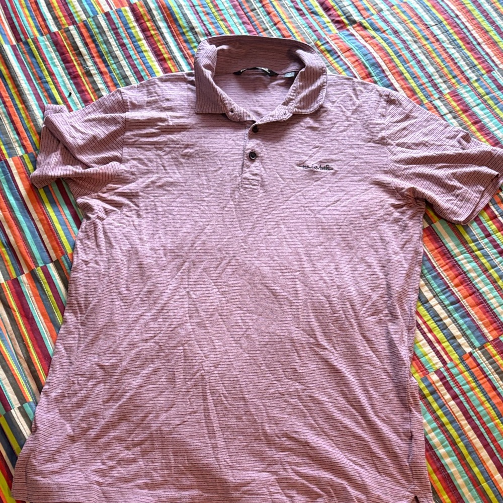 Men's Polo Shirt size medium, striped purple, gray embroidered logo